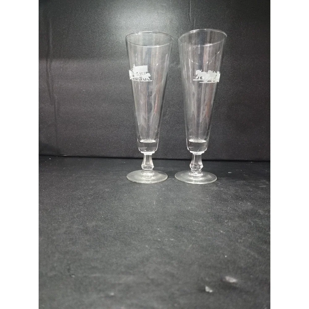 Anheuser Busch Glass Pilsners, Set of 2, Clydesdales Wagon Etched, Beer‎ Glasses